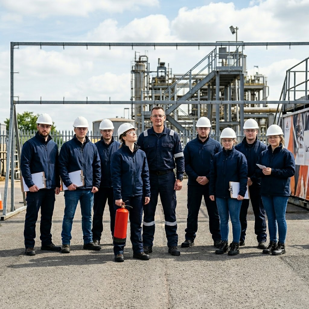 Employee attending fire safety training in workplace environment